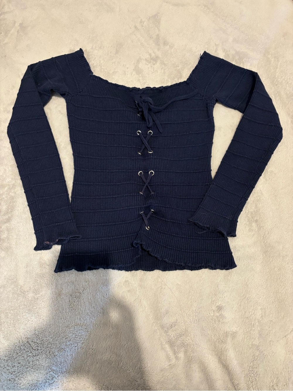 Ambiance Navy Off-Shoulder Lace-Up Ribbed Sweater